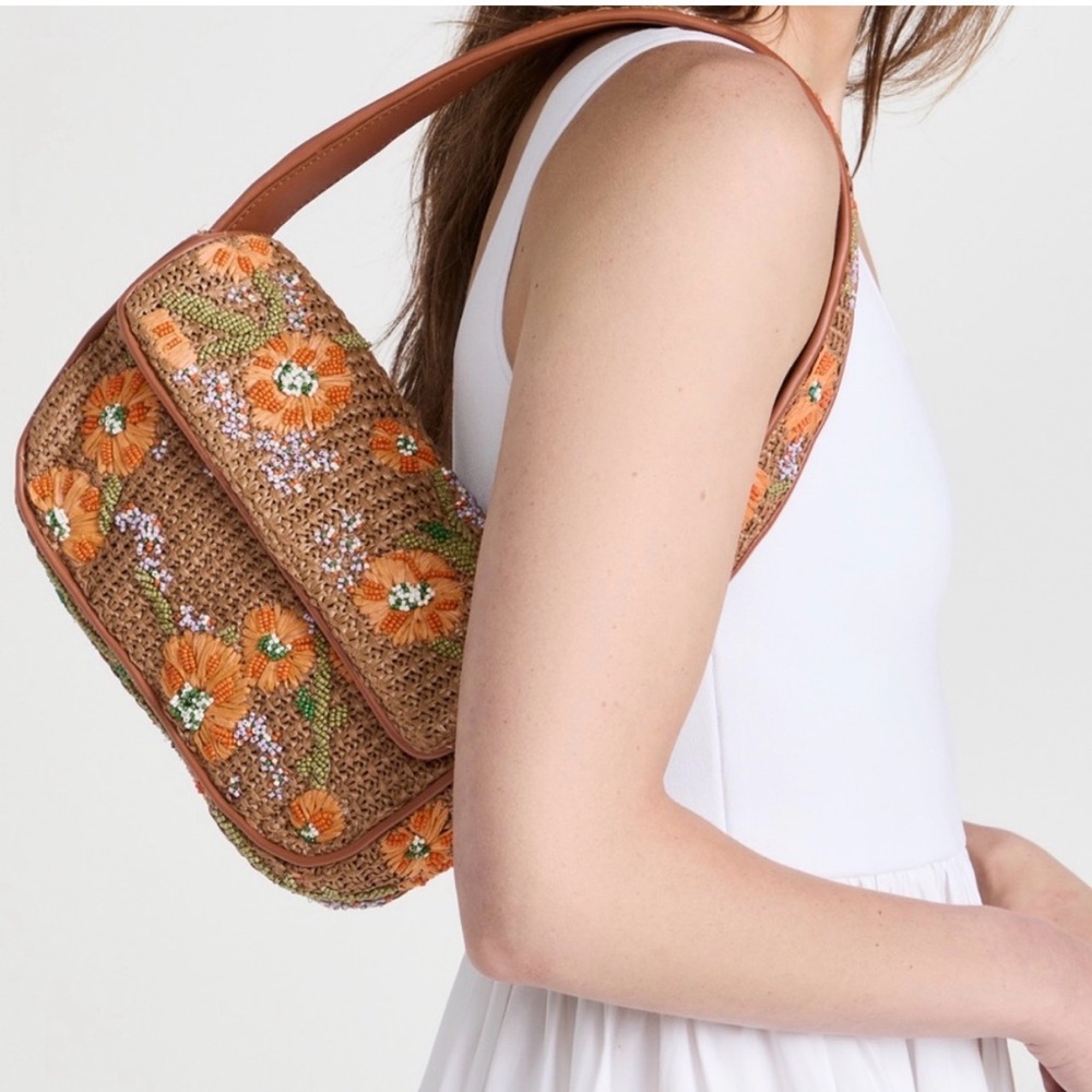 STAUD Raffia Brown and Orange Floral Shoulder Bag